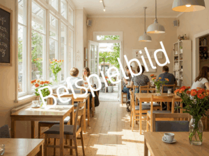 Das Bild zeigt ein kleines Café im modernen Landhausstil, hell und freundlich, mit großen Fenstern, die viel Tageslicht hereinlassen. Die Wände sind in sanften Pastelltönen gehalten, und der Boden ist aus hellem Holz. Es gibt gemütliche Tische und Stühle im Innenbereich, einige Gäste sitzen an den Tischen und genießen Kaffee und Kuchen. 